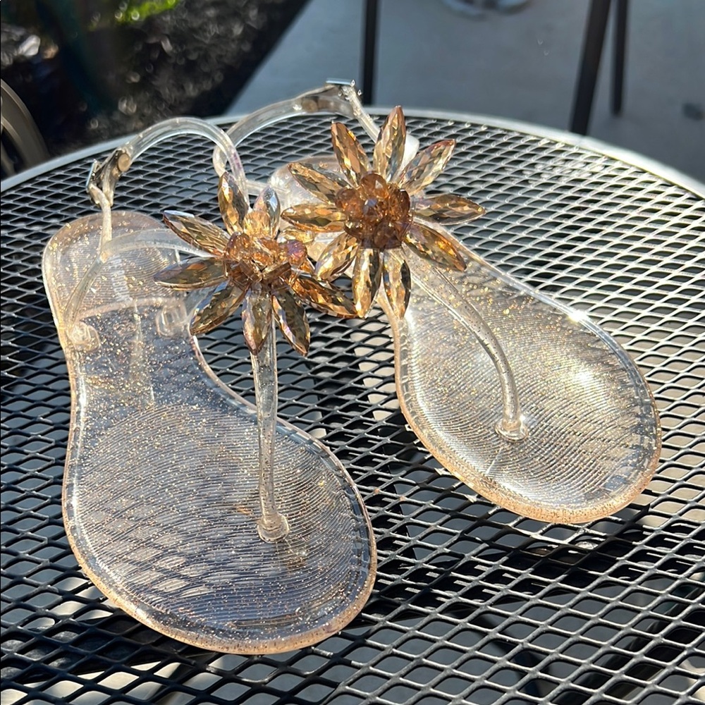 Cape Robbin Clear Sandals with Gold Floral Design